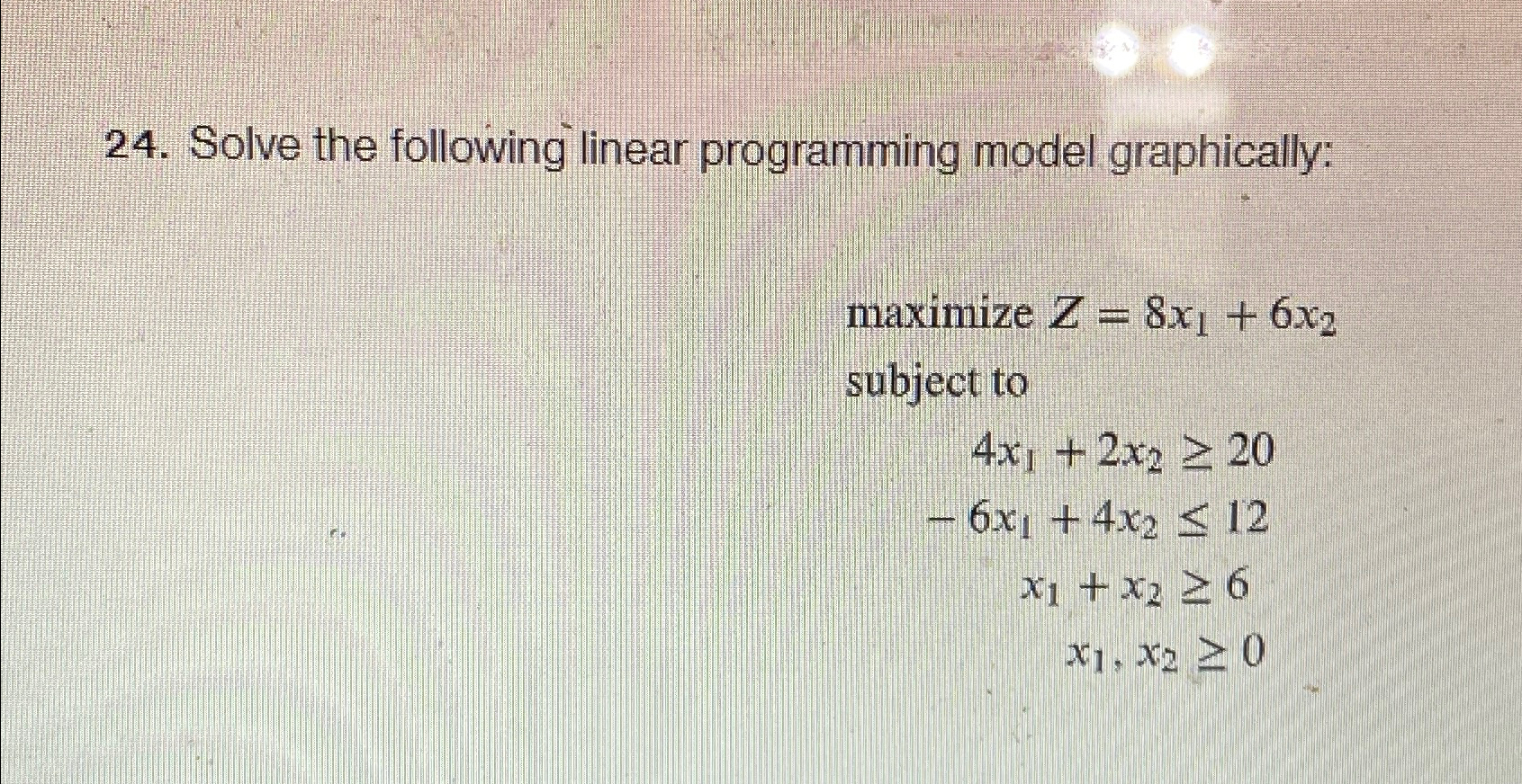  Solve the following linear programming model graphically: maximize Z=8x1+6x2 subject to