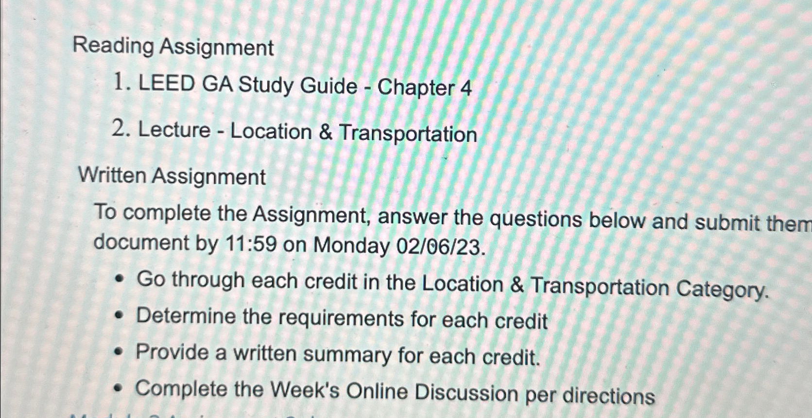  Reading Assignment LEED GA Study Guide - Chapter 4 Lecture -