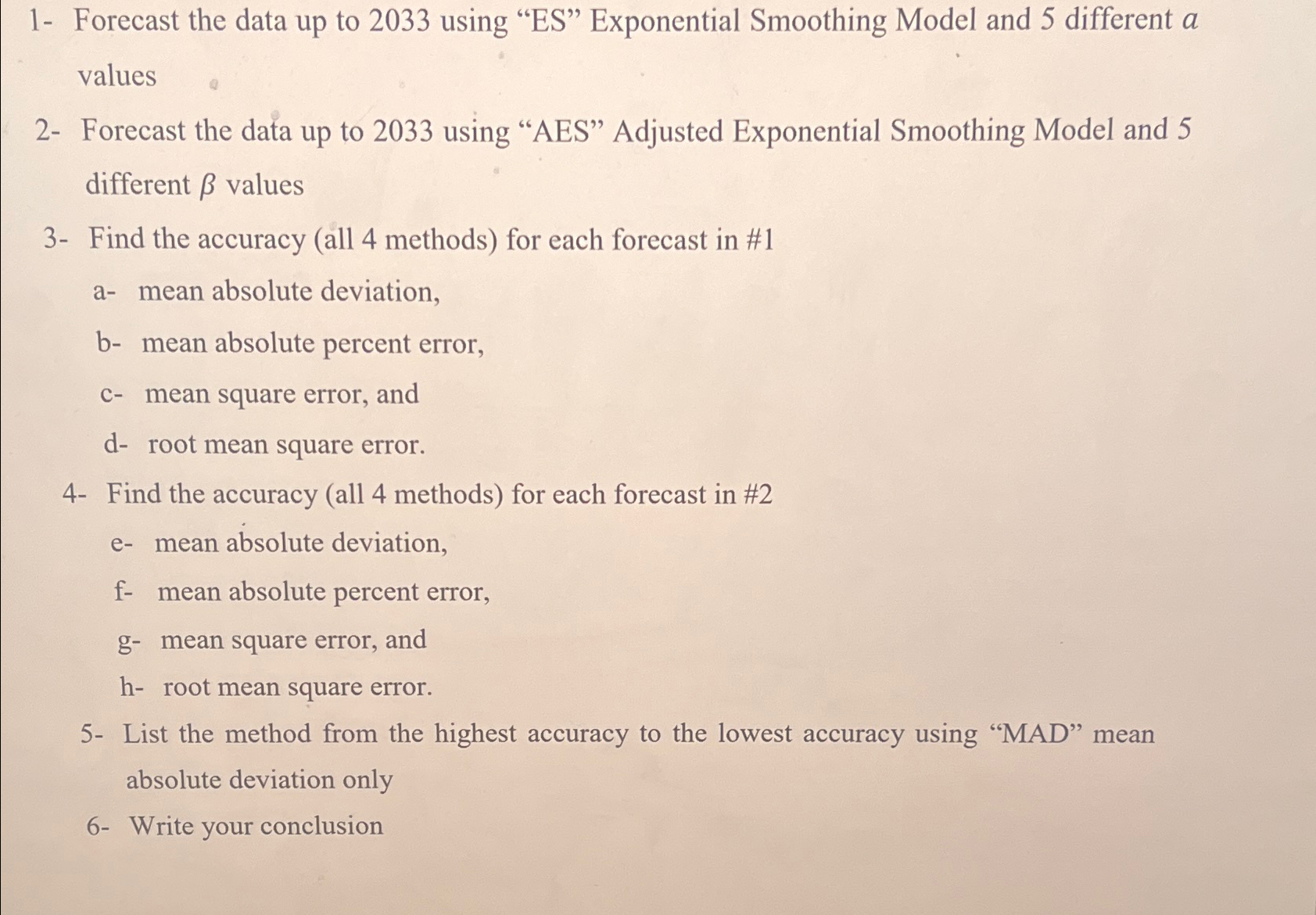  1- Forecast the data up to 2033 using "ES" Exponential Smoothing