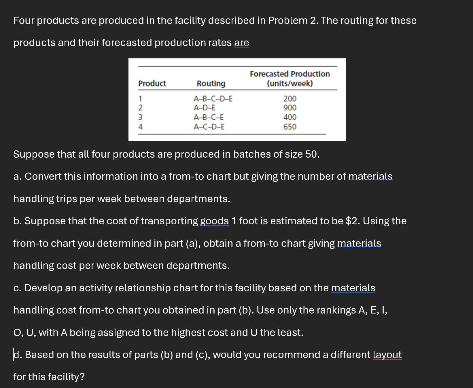  Four products are produced in the facility described in Problem 2.