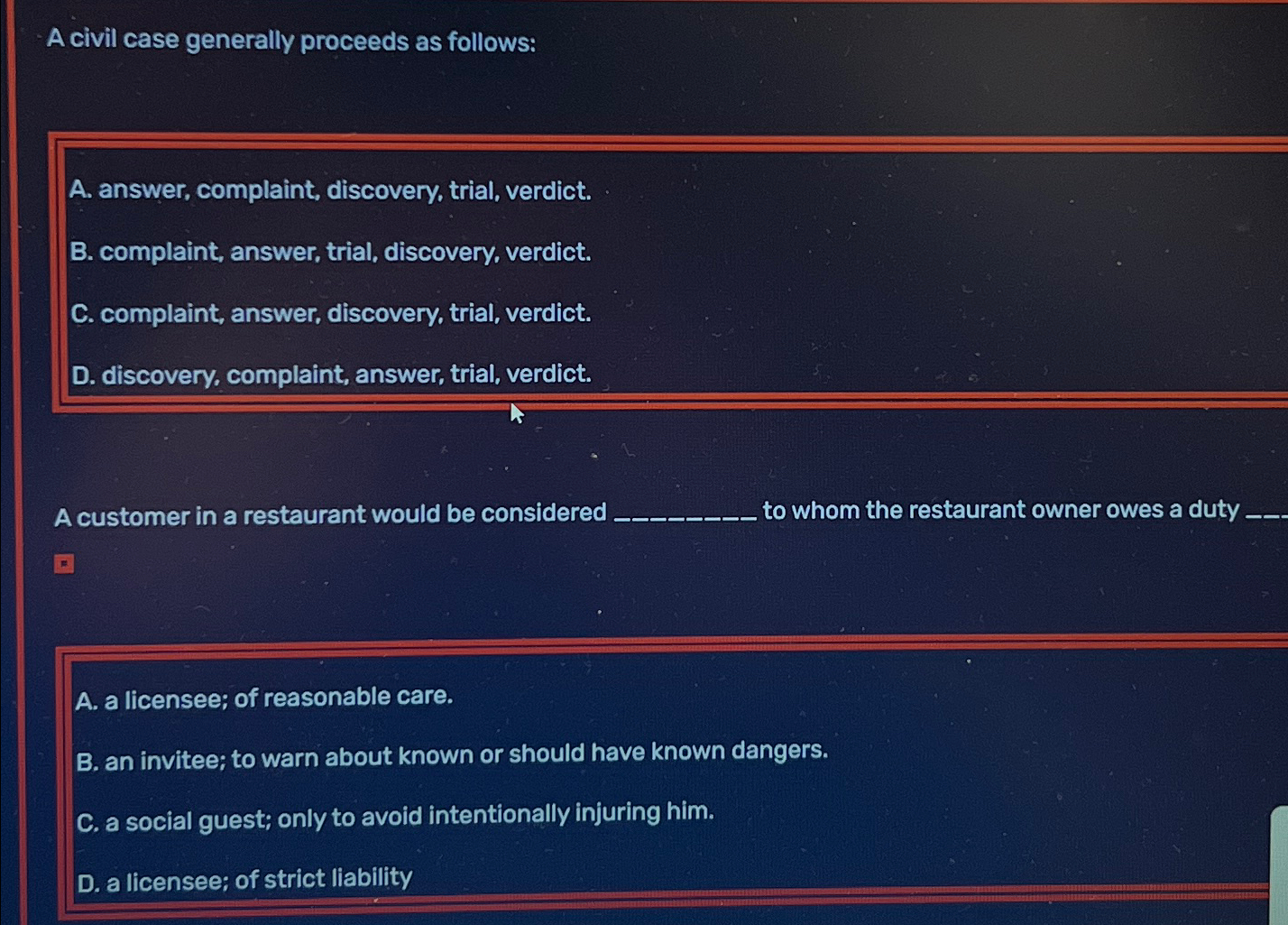  A civil case generally proceeds as follows: A. answer, complaint, discovery,