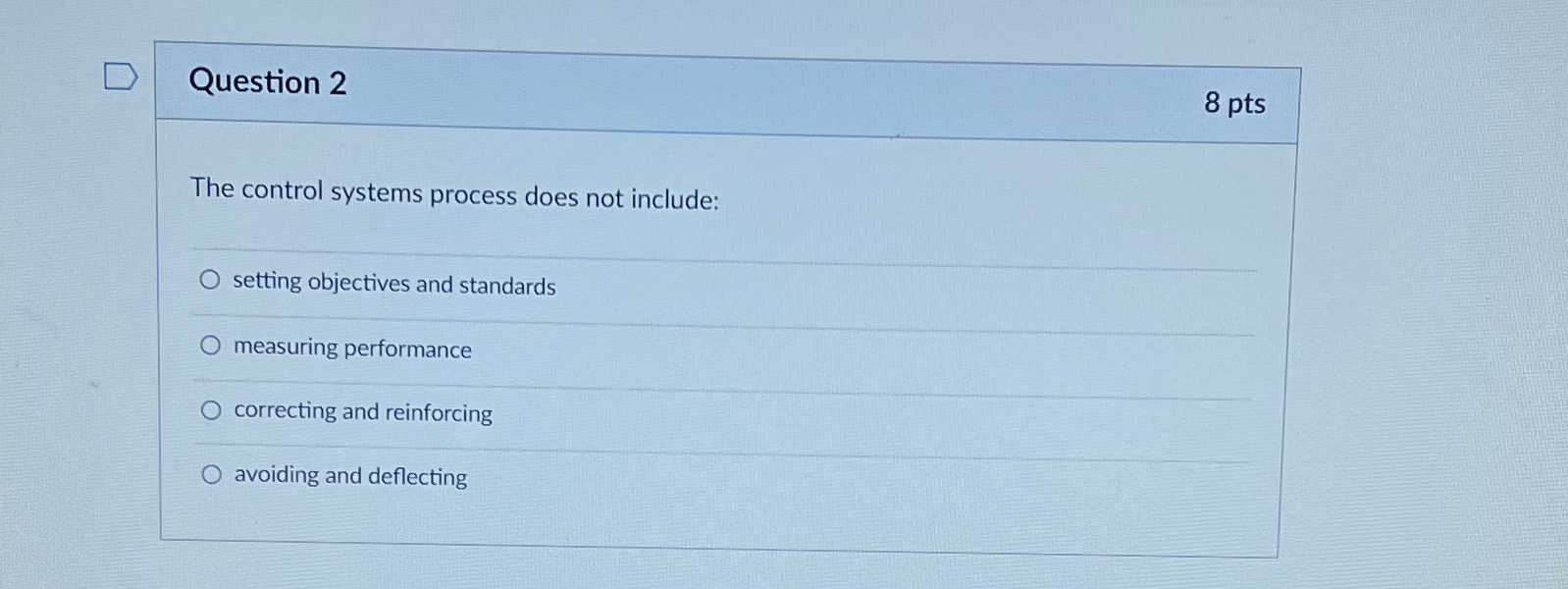  Question 2 8 pts The control systems process does not include: