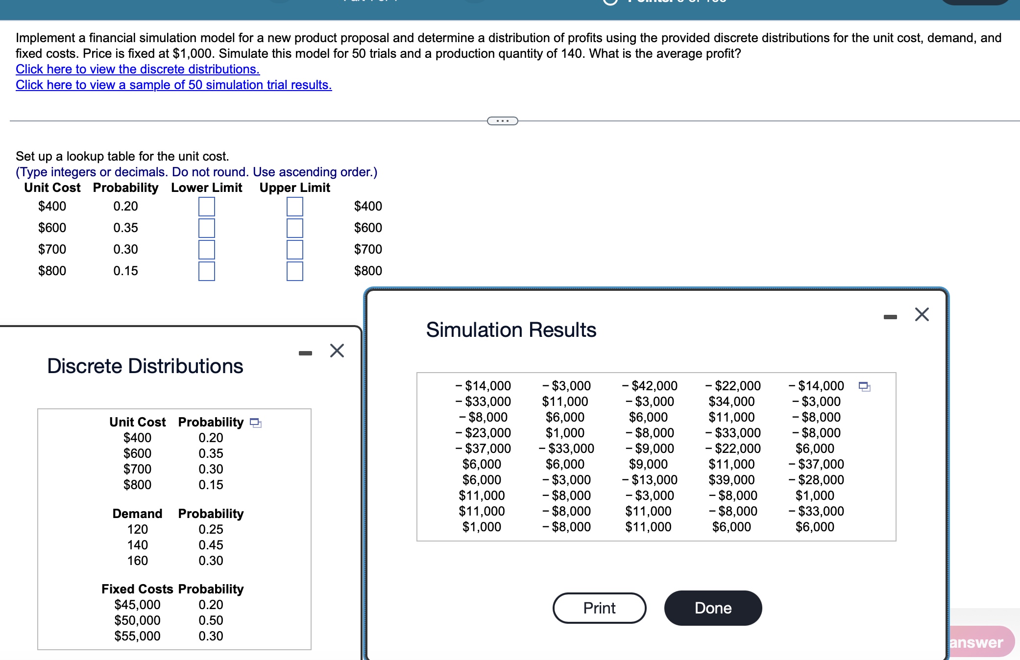 Implement a financial simulation model for a new product proposal and