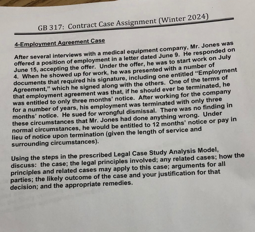  GB 317: Contract Case Assignment (Winter 2024) 4-Employment Agreement Case After