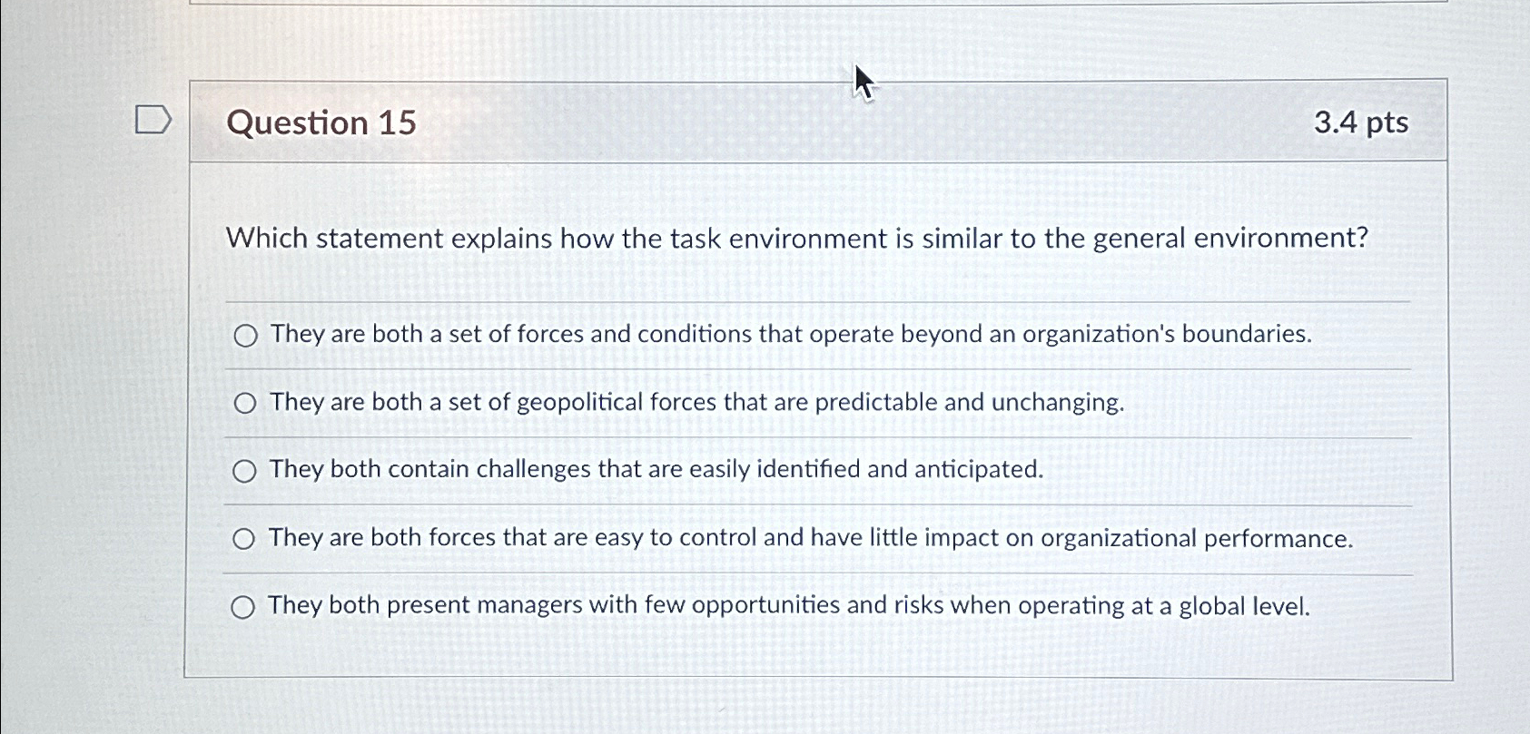  Question 15 3.4pts Which statement explains how the task environment is