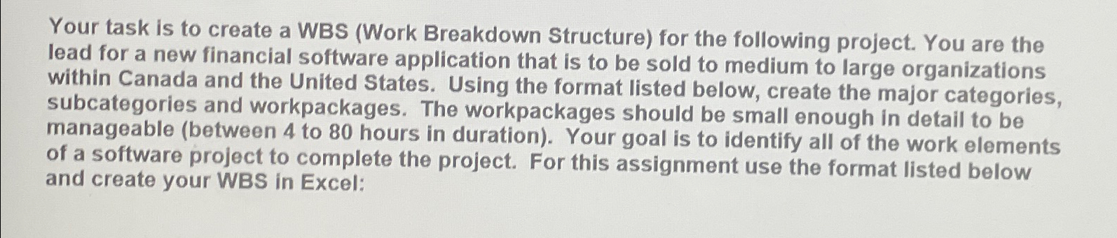  Your task is to create a WBS (Work Breakdown Structure) for