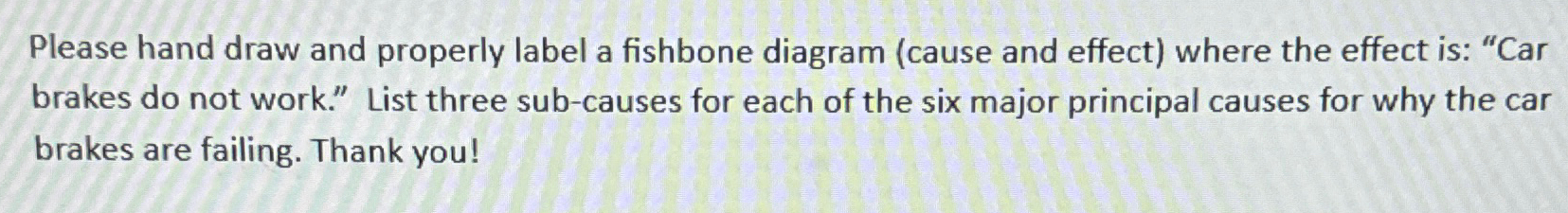  Please hand draw and properly label a fishbone diagram (cause and