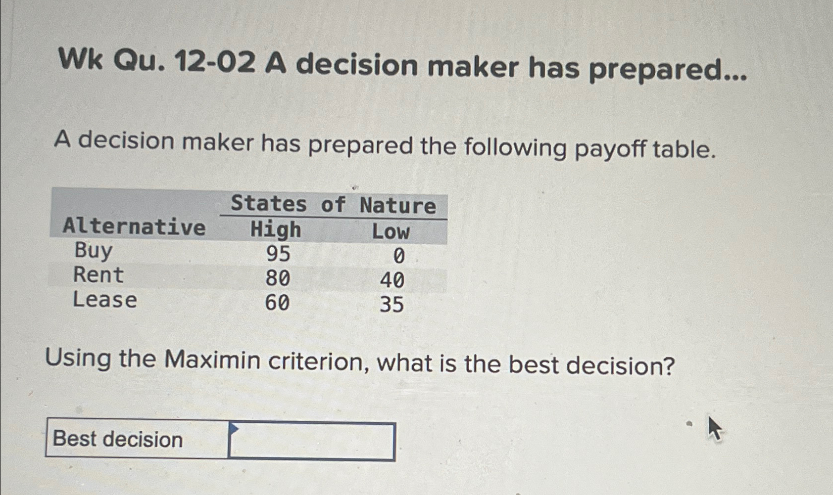  Wk Qu.12-02 A decision maker has prepared... A decision maker has