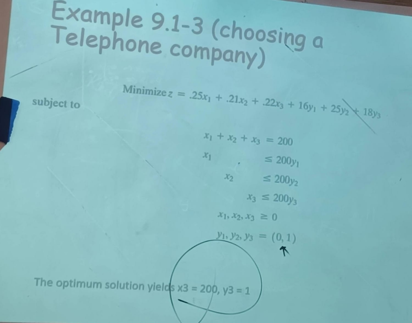  Example 9.1-3(choosing a Telephone company) subject to Minimize z=.25x1+.21x2+.22x3+16y1+25y2+18y3 x1+x2+x3=200 x1,200y1