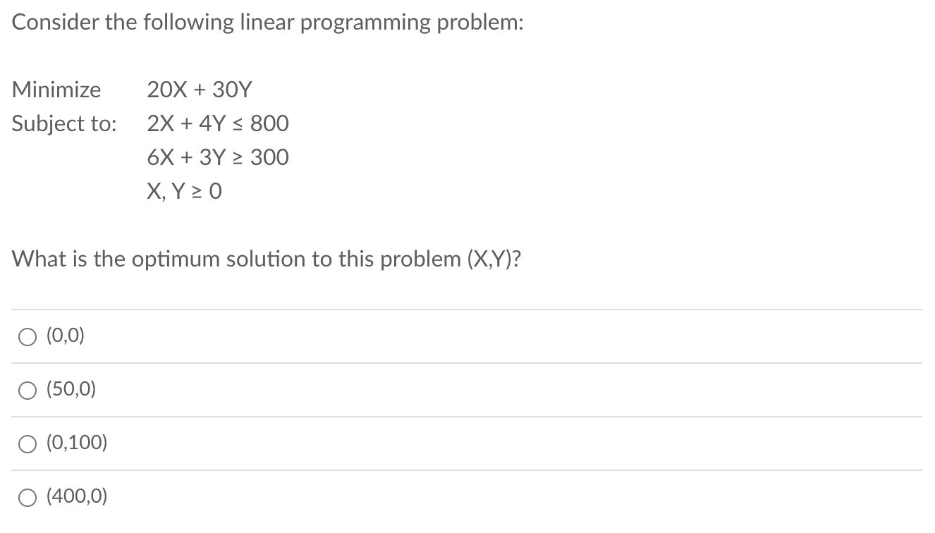  Consider the following linear programming problem: Minimize 20x+30Y Subject to: 2x+4Y800