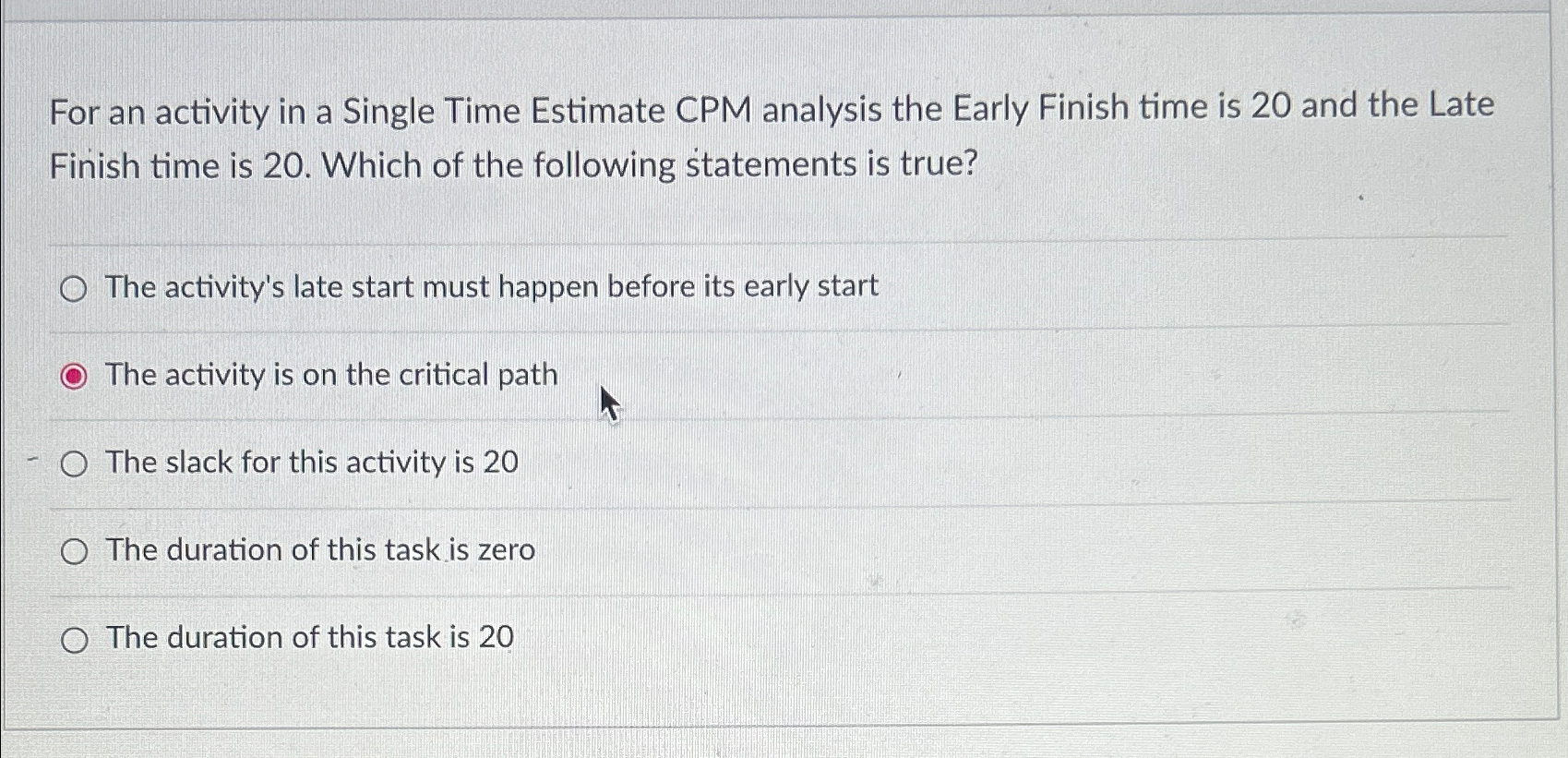  For an activity in a Single Time Estimate CPM analysis the