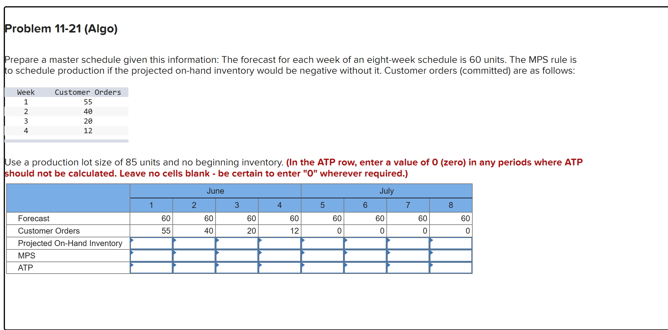  Problem 11-21(Algo) Prepare a master schedule given this information: The forecast