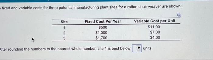  fixed and variable costs for three potential manufacturing plant sites for