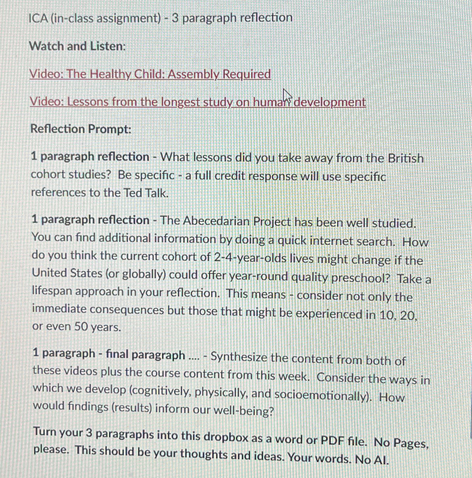  ICA (in-class assignment)-3 paragraph reflection Watch and Listen: Video: The Healthy