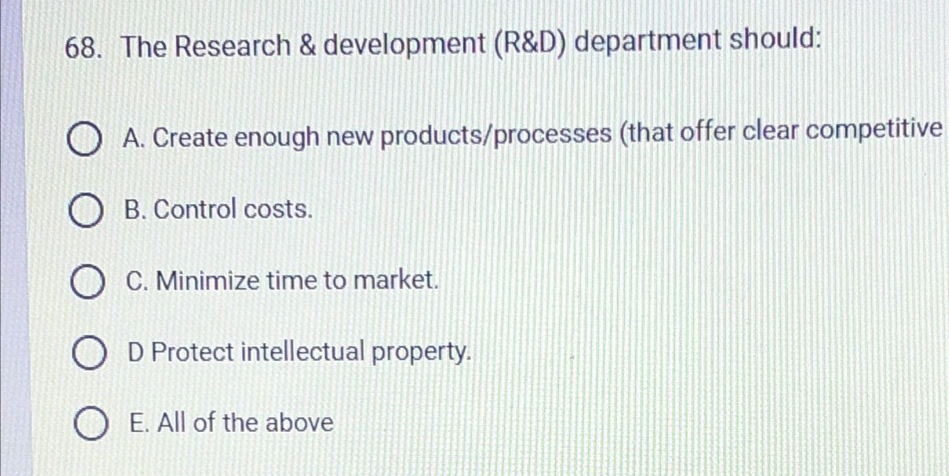  The Research & development (R&D) department should: A. Create enough new