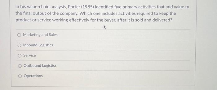  In his value-chain analysis, Porter (1985) identified five primary activities that