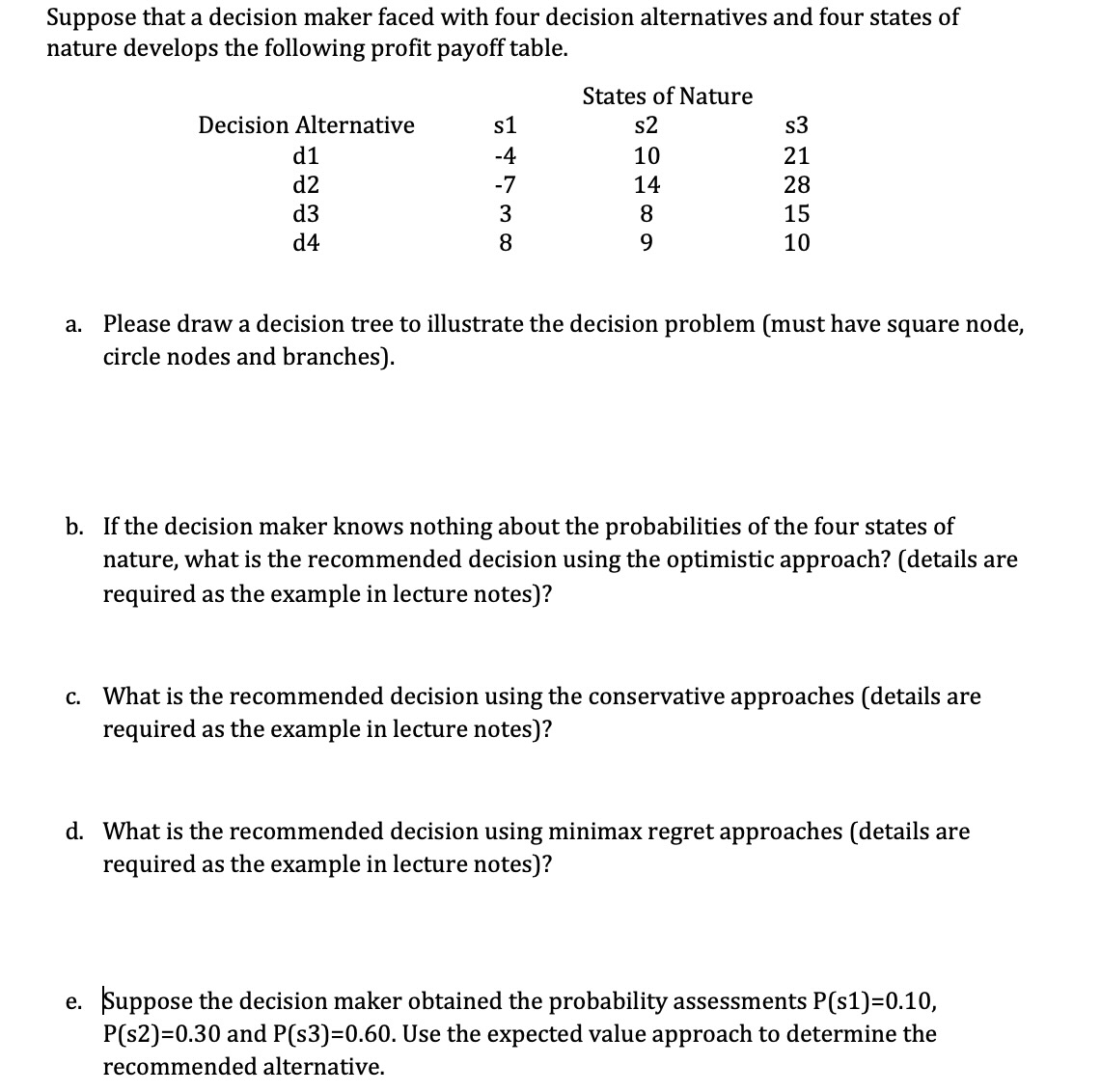  Suppose that a decision maker faced with four decision alternatives and