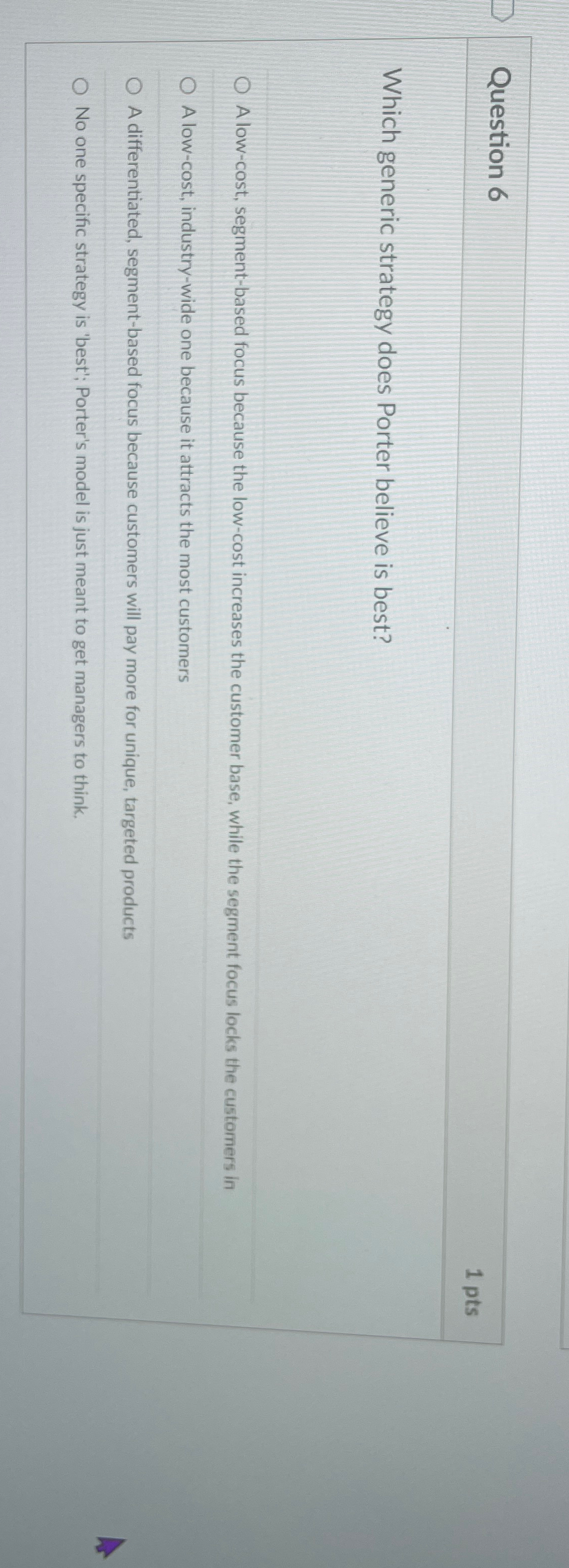  Question 6 1pts Which generic strategy does Porter believe is best?