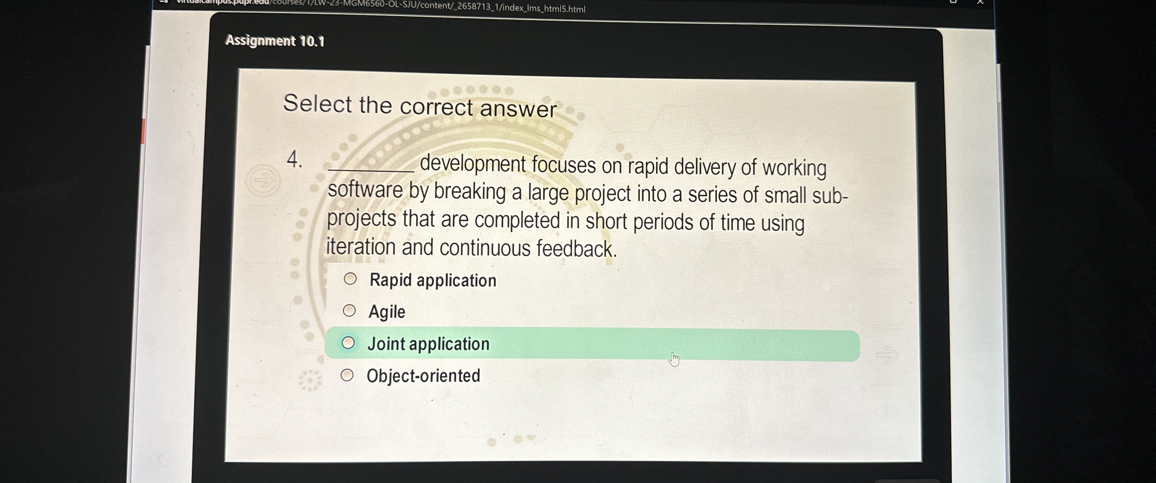  Assignment 10.1 Select the correct answer 4. development focuses on rapid