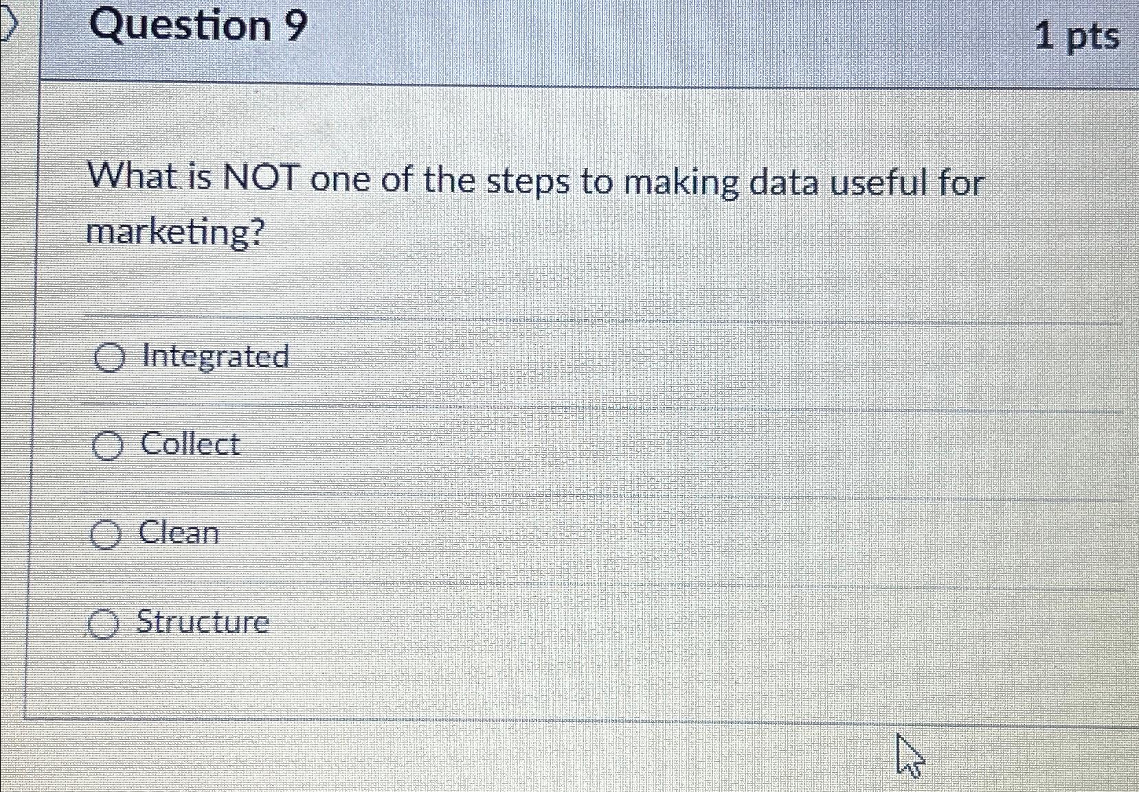  Question 9 1pts What is NOT one of the steps to