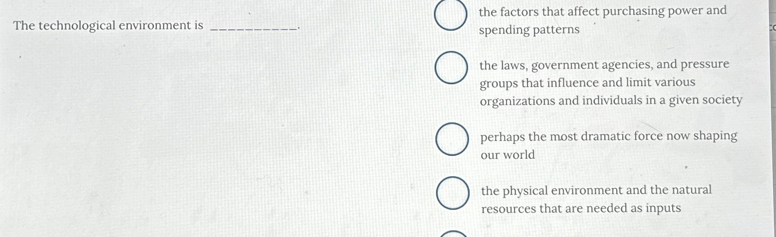  The technological environment is the factors that affect purchasing power and