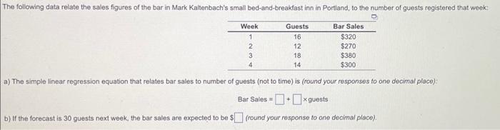  a) The simple linear regression equation that relates bar sales to