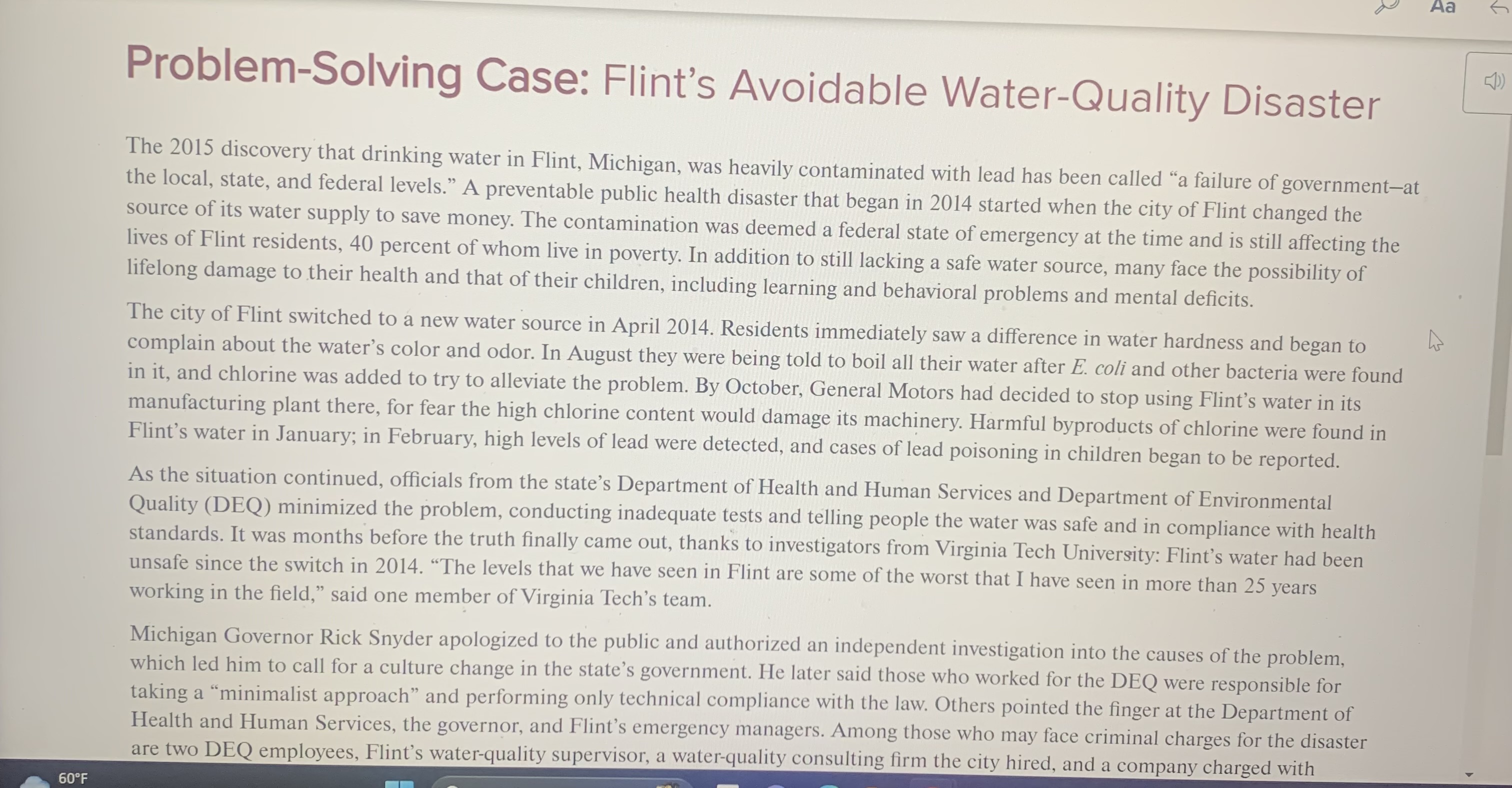 Problem-Solving Case: Flint's Avoidable Water-Quality Disaster The 2015 discovery that drinking
