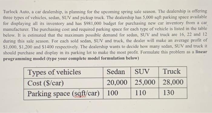 Ques- Solve the formulated model using Excel Turlock Auto, a car dealership,