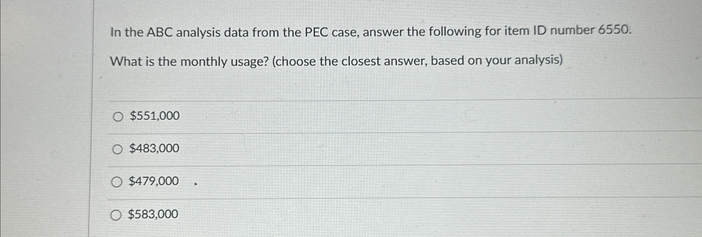  In the ABC analysis data from the PEC case, answer the