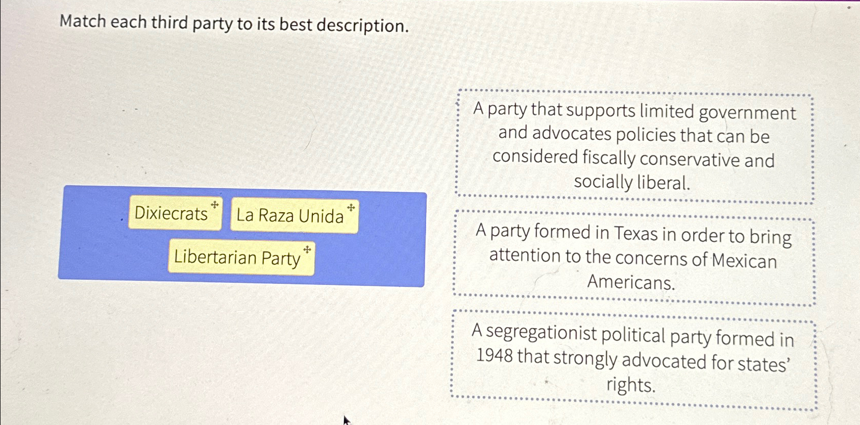  Match each third party to its best description. A party that