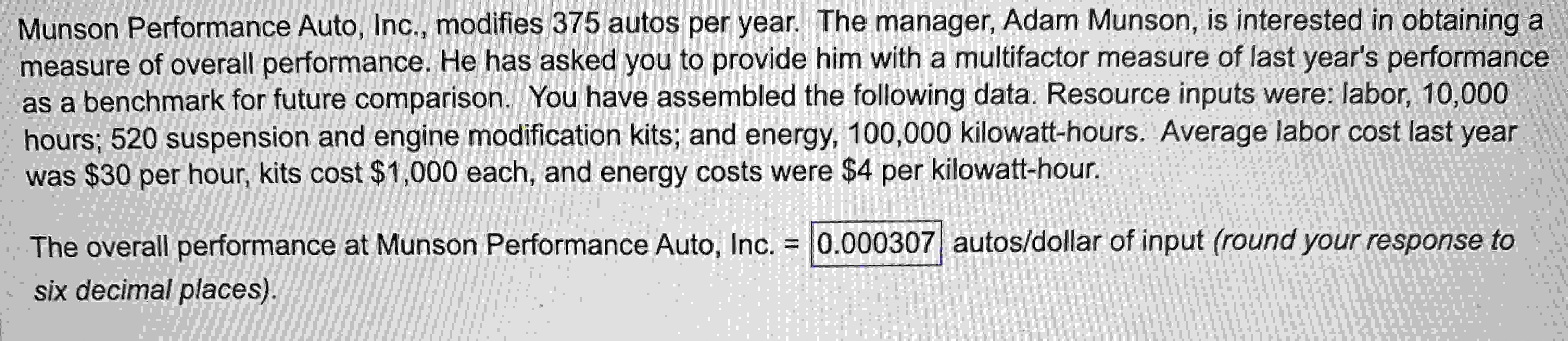  Munson Performance Auto, Inc., modifies 375 autos per year. The manager,