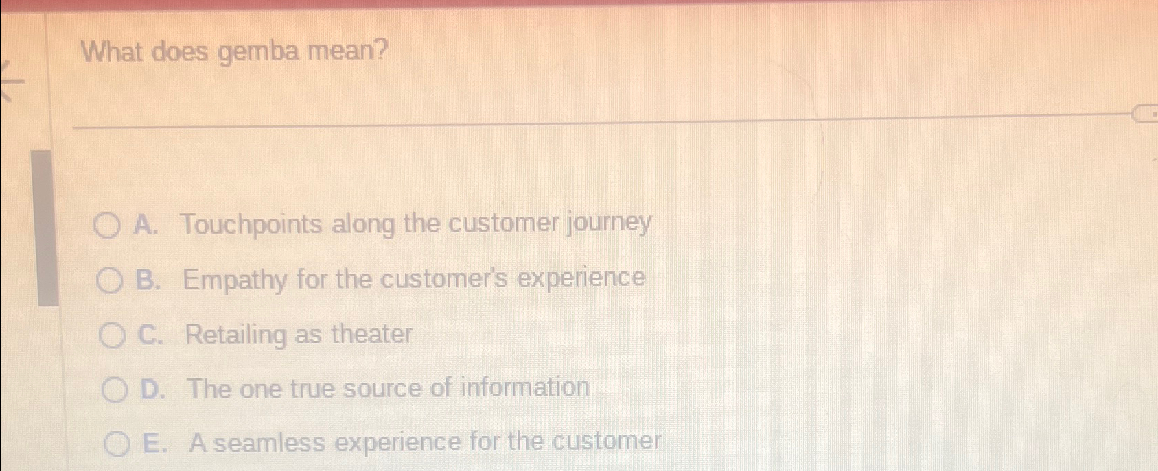  What does gemba mean? A. Touchpoints along the customer journey B.