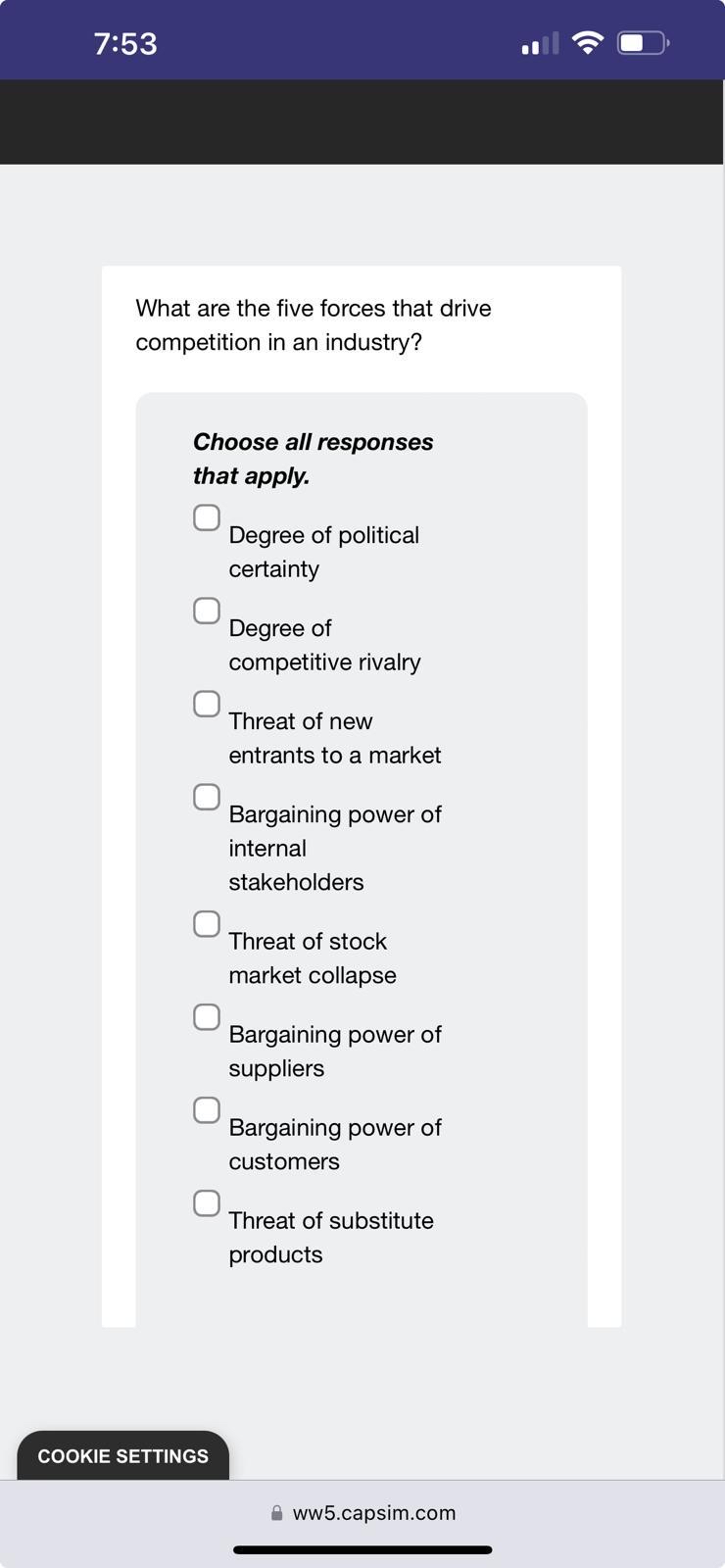  7:53 What are the five forces that drive competition in an