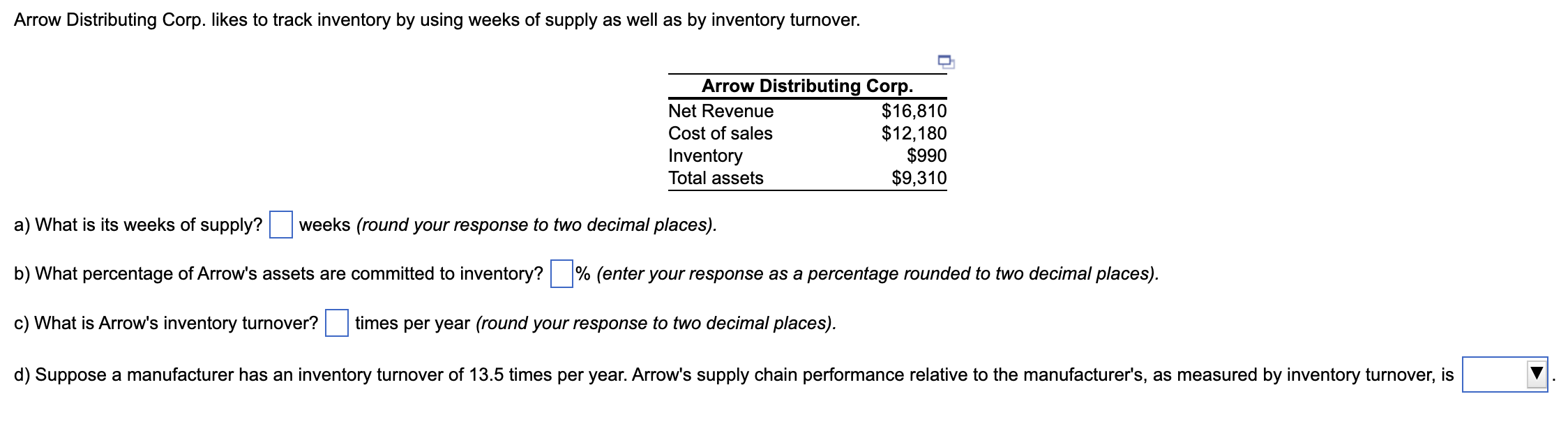  Arrow Distributing Corp. likes to track inventory by using weeks of