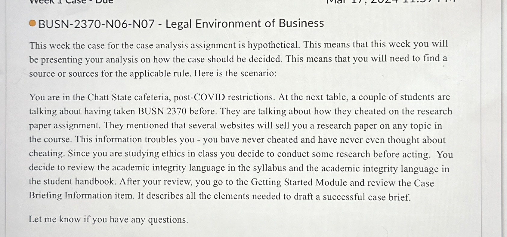  BUSN-2370-N06-N07- Legal Environment of Business This week the case for the