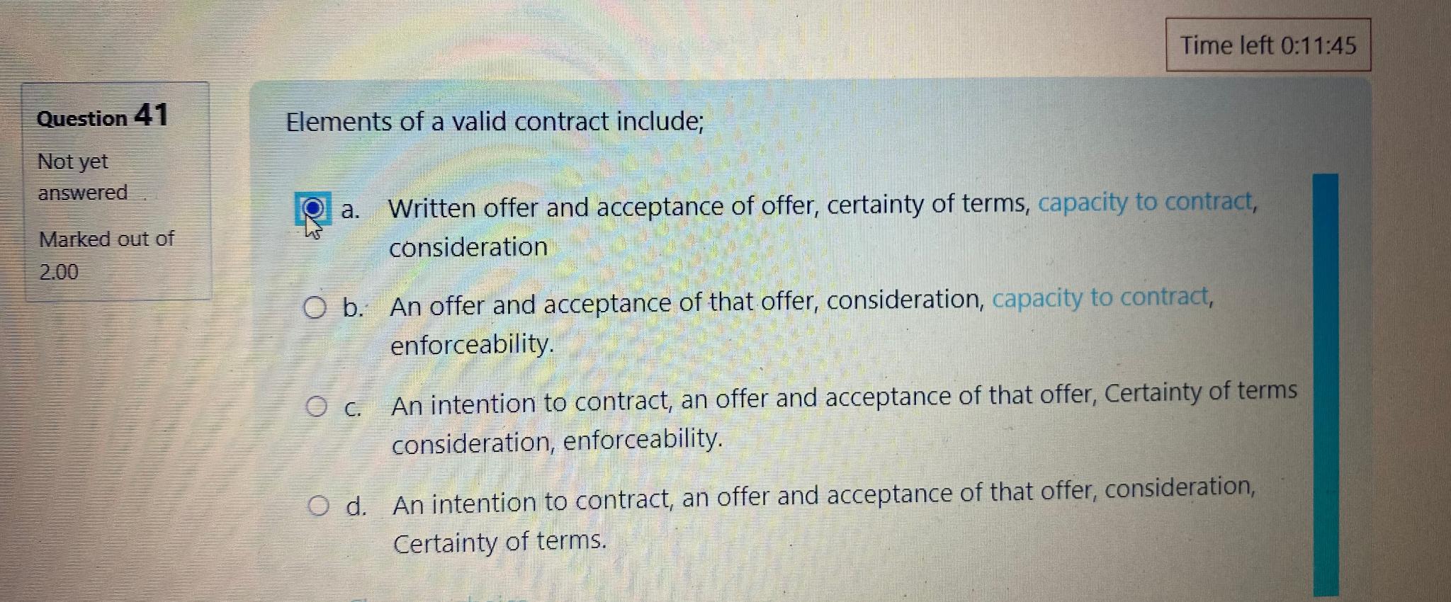  Time left 0:11:45 Question 41 Not yet answered Marked out of