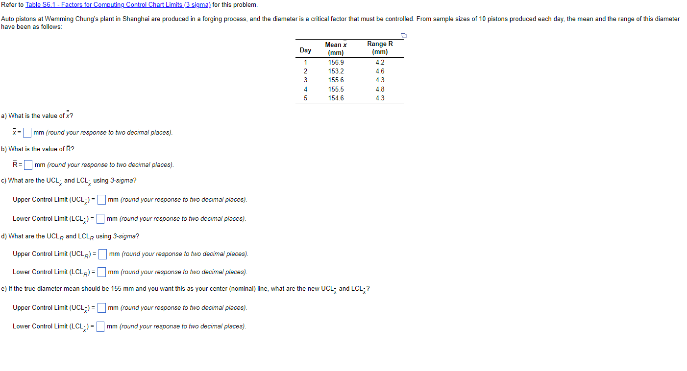 Refer to Table S6.1 - Factors for Computing Control Chart Limits
