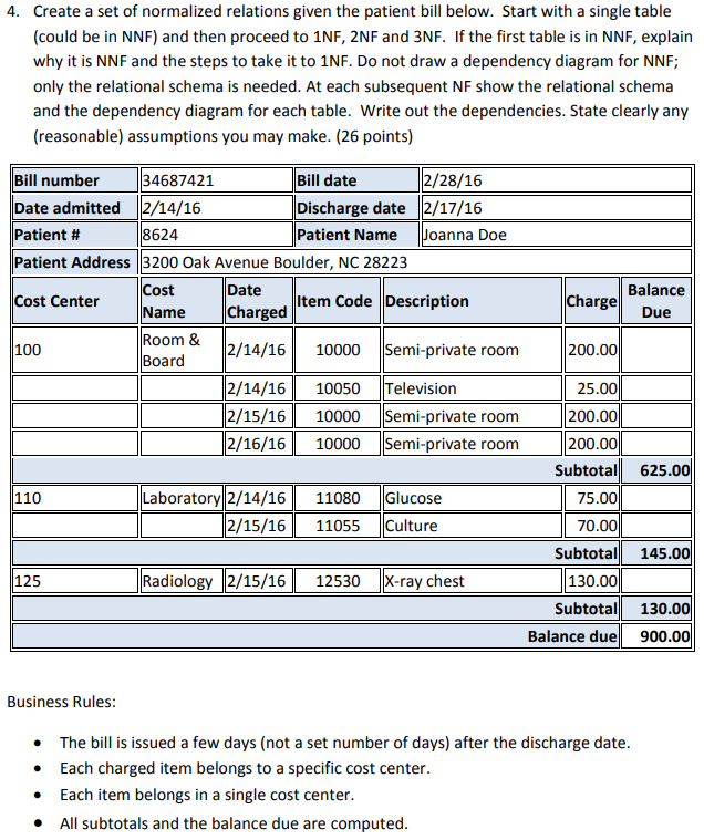 4. Create a set of normalized relations given the patient bill