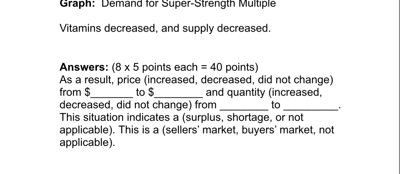  Graph: Demand for Super-Strength Multiple Vitamins decreased, and supply decreased. Answers: