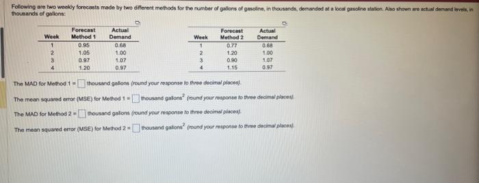  The MAD for Method 1 = thousand galons (round your response