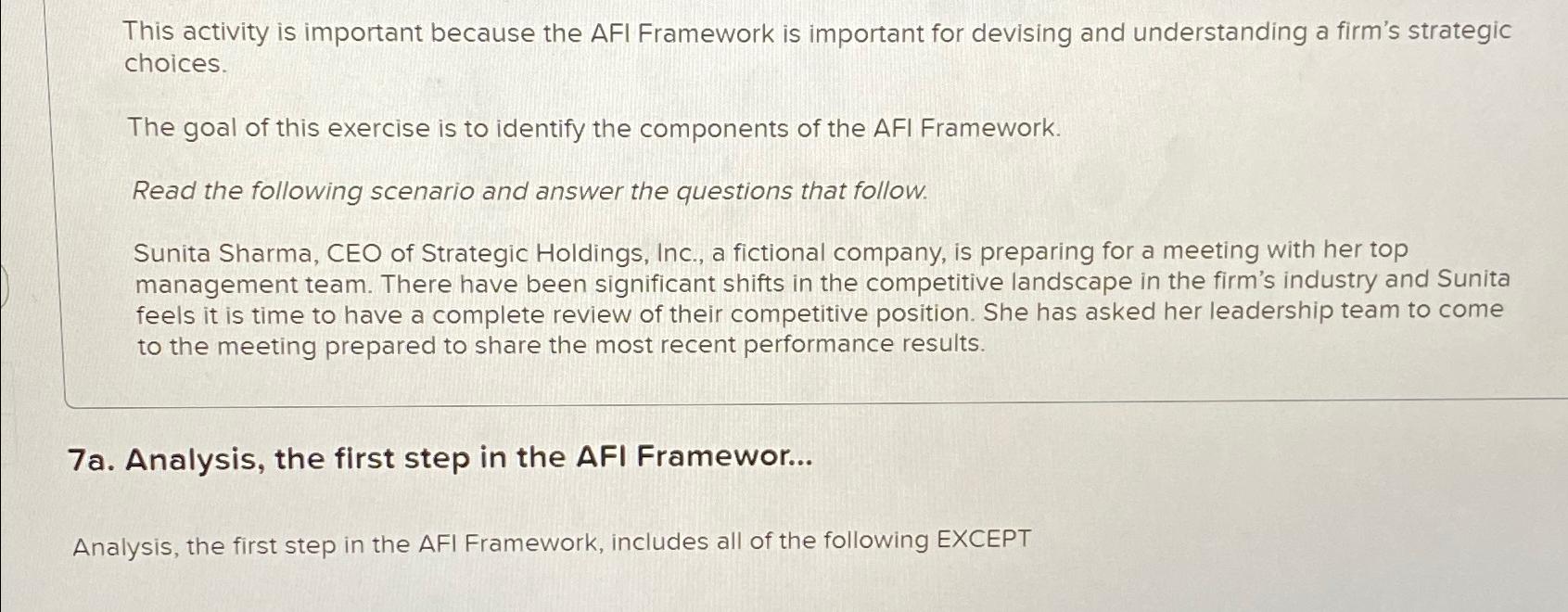  This activity is important because the AFI Framework is important for