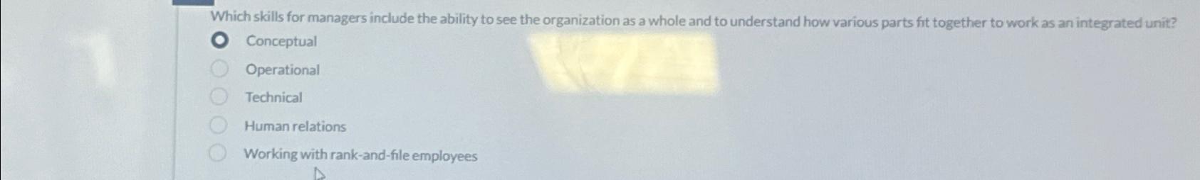 Which skills for managers include the ability to see the organization