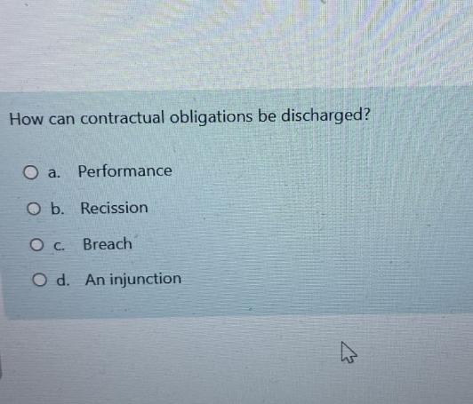  How can contractual obligations be discharged? a. Performance b. Recission c.
