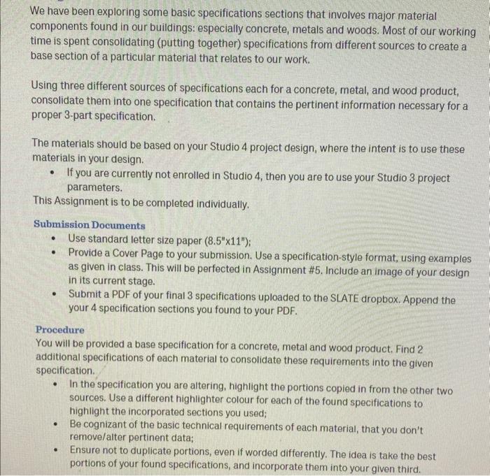  We have been exploring some basic specifications sections that involves major