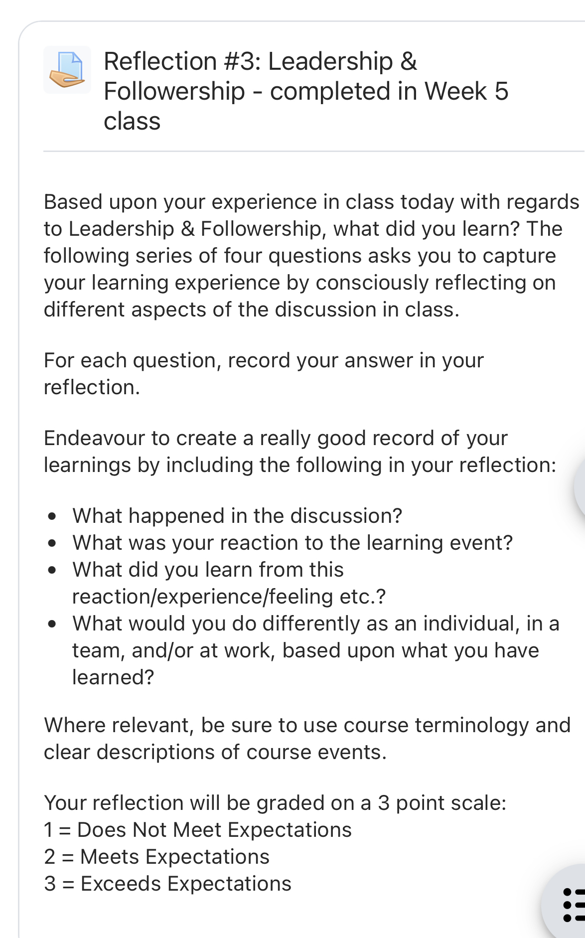  Reflection #3: Leadership & Followership - completed in Week 5 class