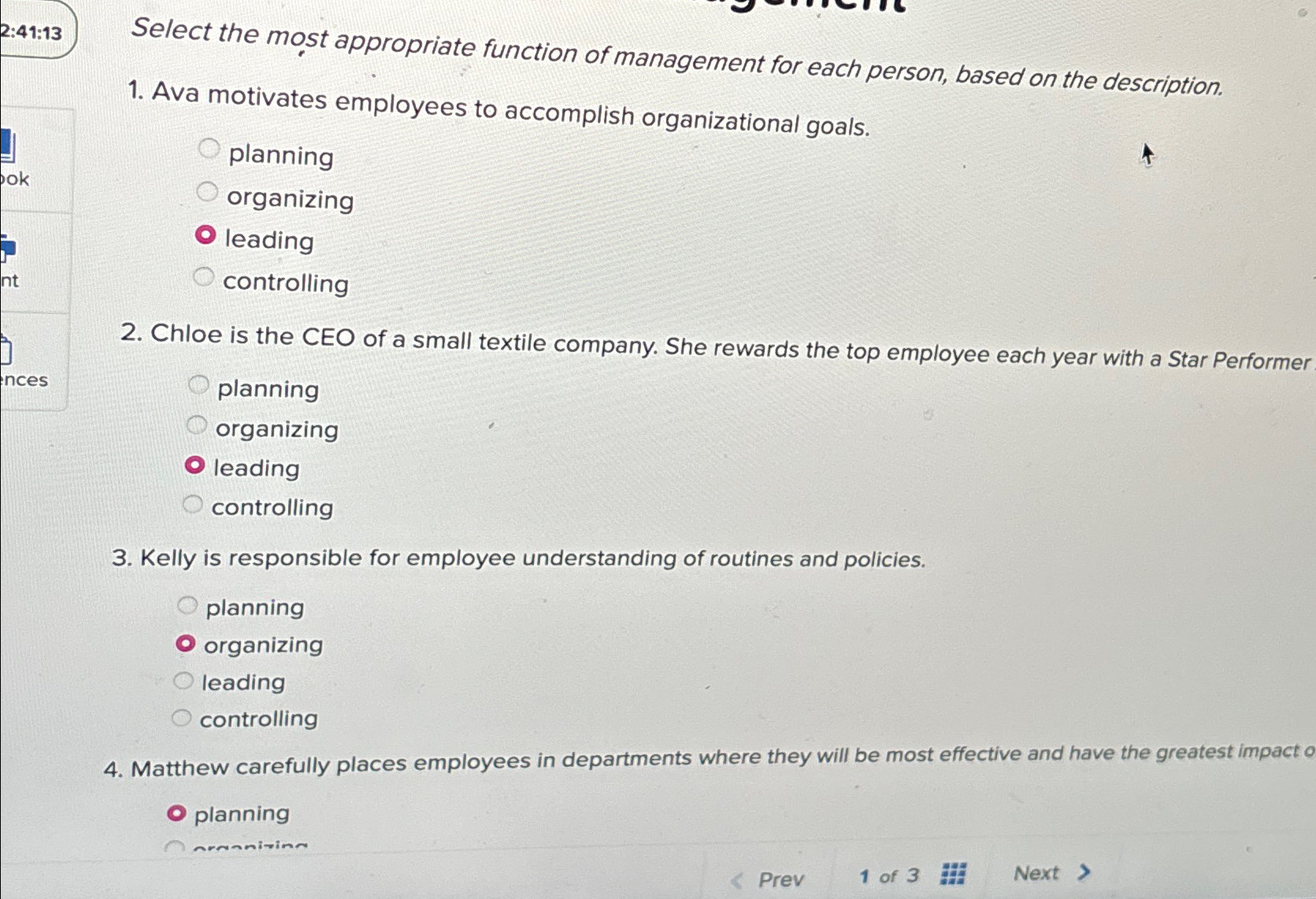  2:41:13 Select the most appropriate function of management for each person,