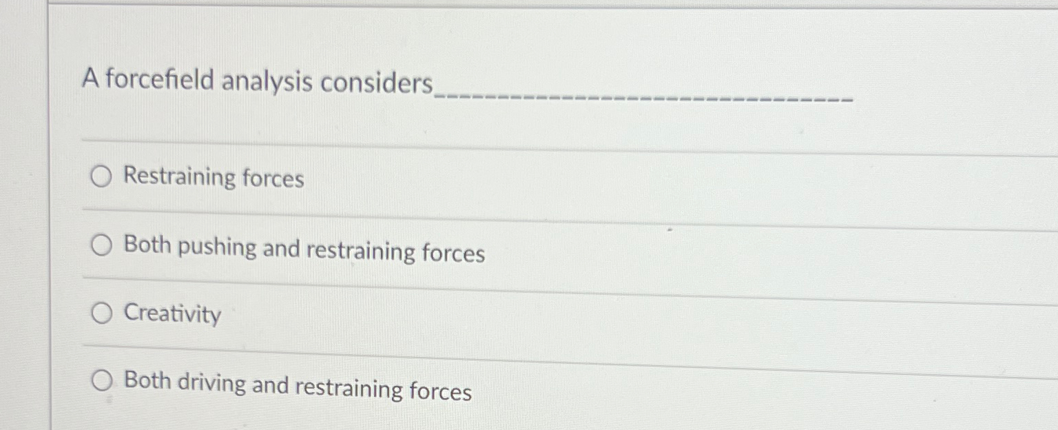  A forcefield analysis considers Restraining forces Both pushing and restraining forces