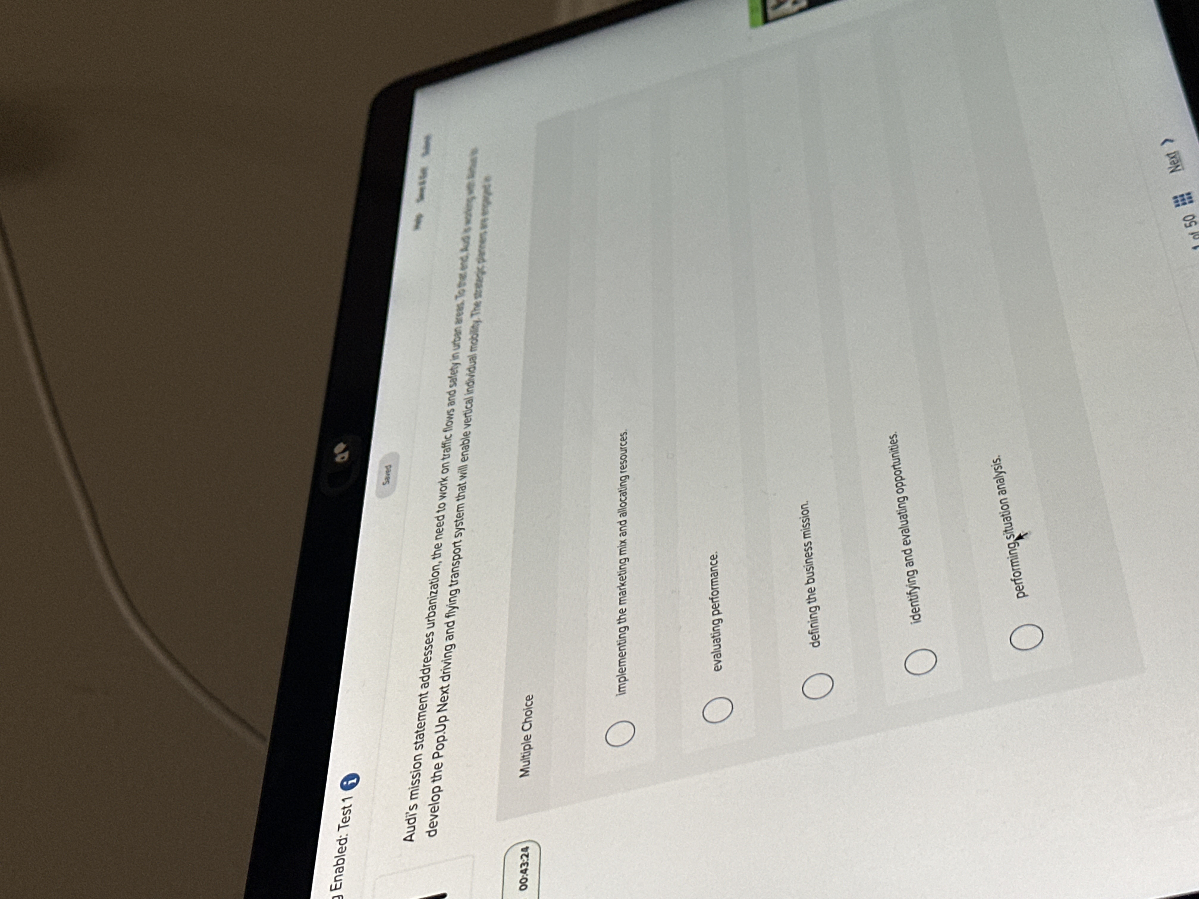  Enabled: Test1 i Saves 00:43:24 Multiple Choice implementing the marketing mix