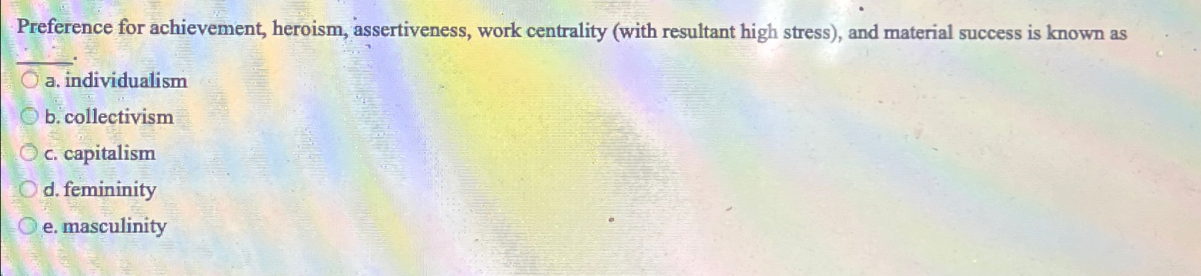  Preference for achievement, heroism, assertiveness, work centrality (with resultant high stress),
