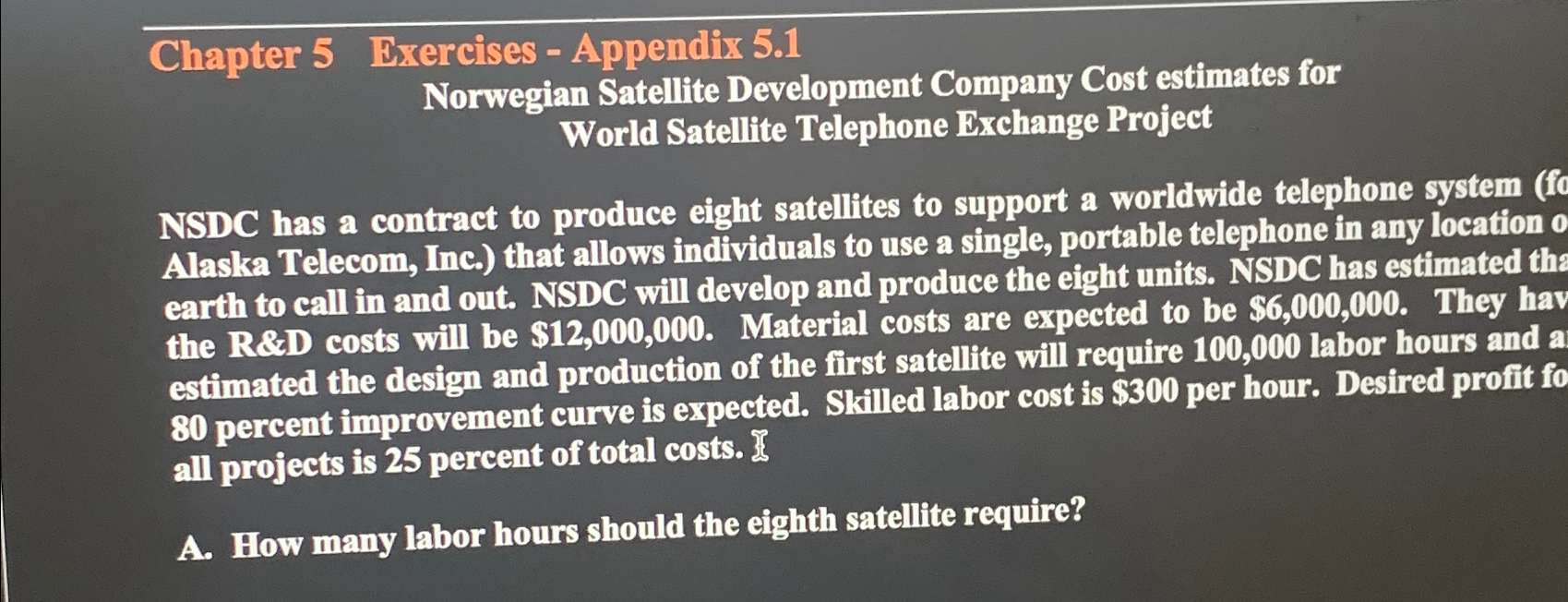  Chapter 5 Exercises-Appendix 5.1 Norwegian Satellite Development Company Cost estimates for